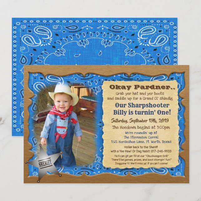 Invitation de photo d'anniversaire de cowboy pour  (Devant / Derrière)