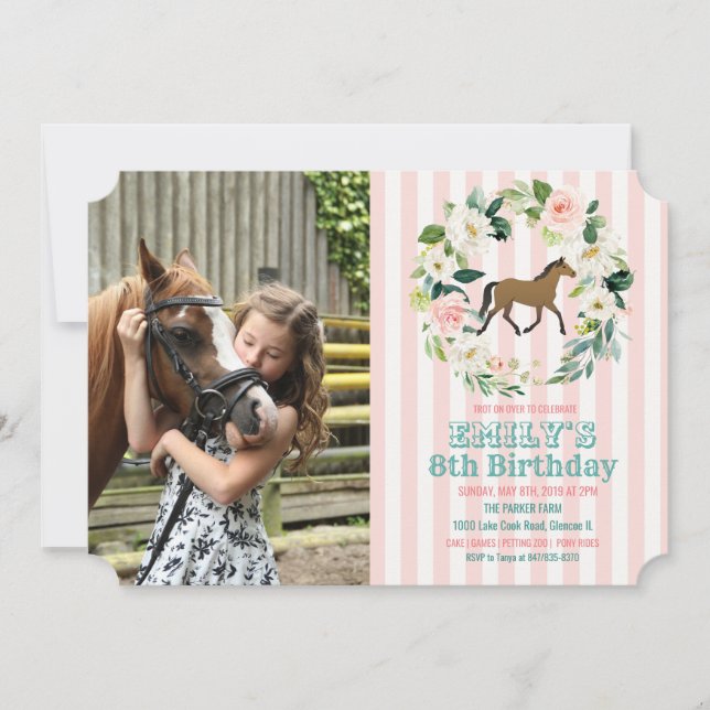 Invitation de photo d'anniversaire florale de chev (Devant)