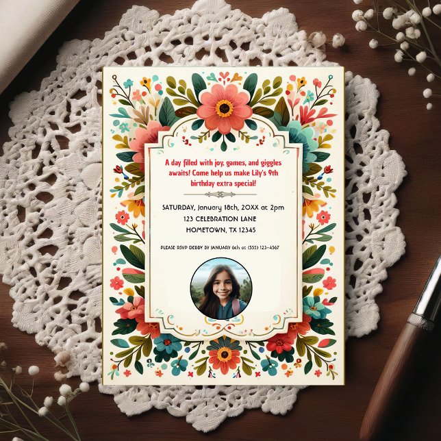 Invitation de photo d'anniversaire florale pour en (Créateur téléchargé)