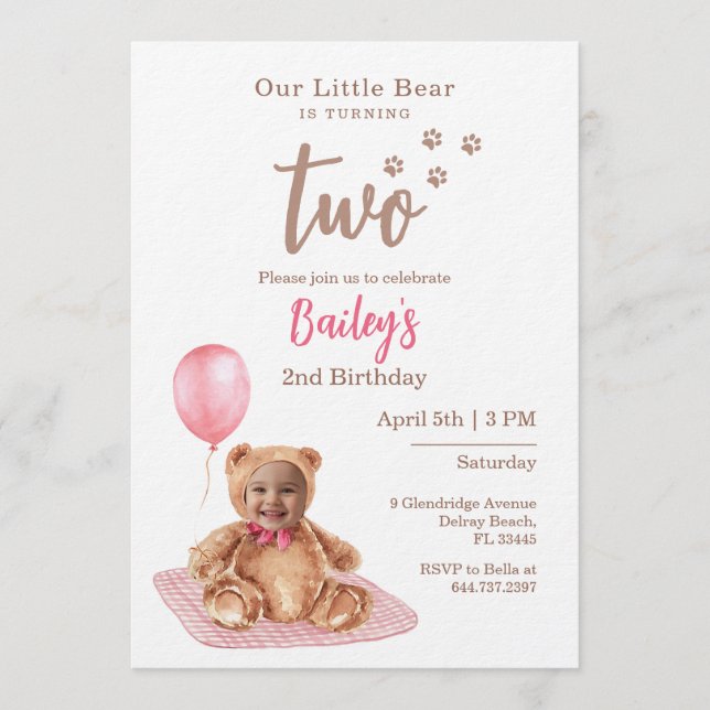 Invitation de photo d'anniversaire Little Bear Ros (Devant)