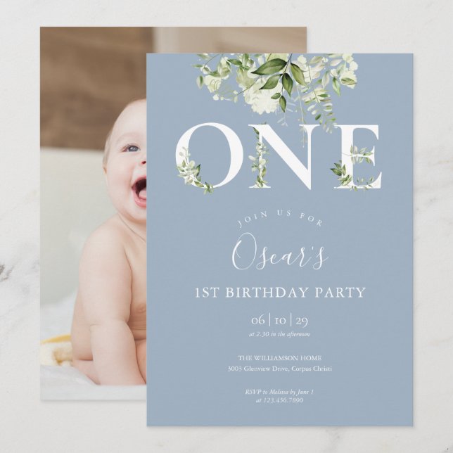 Invitation de photo de 1er anniversaire Fleurs de  (Devant / Derrière)