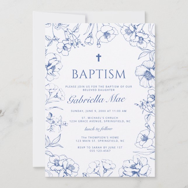 Invitation de photo de baptême à fleurs bleues (Devant)