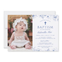 Invitation de photo de baptême aux fleurs bleues c