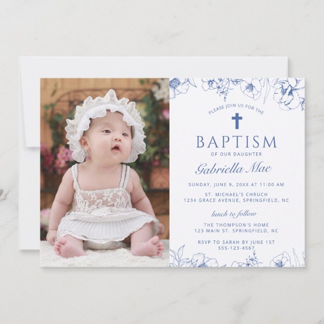 Invitation de photo de baptême aux fleurs bleues c (Devant)