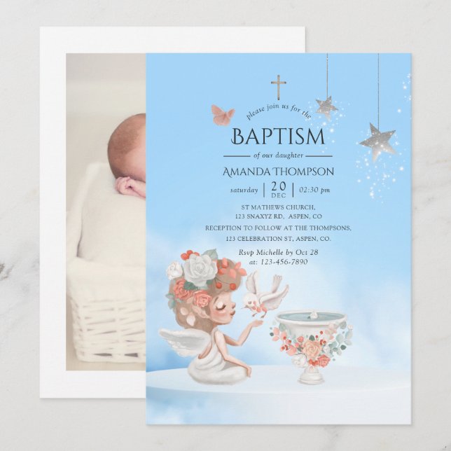 Invitation de photo de baptême d'ange de fille à l (Devant / Derrière)