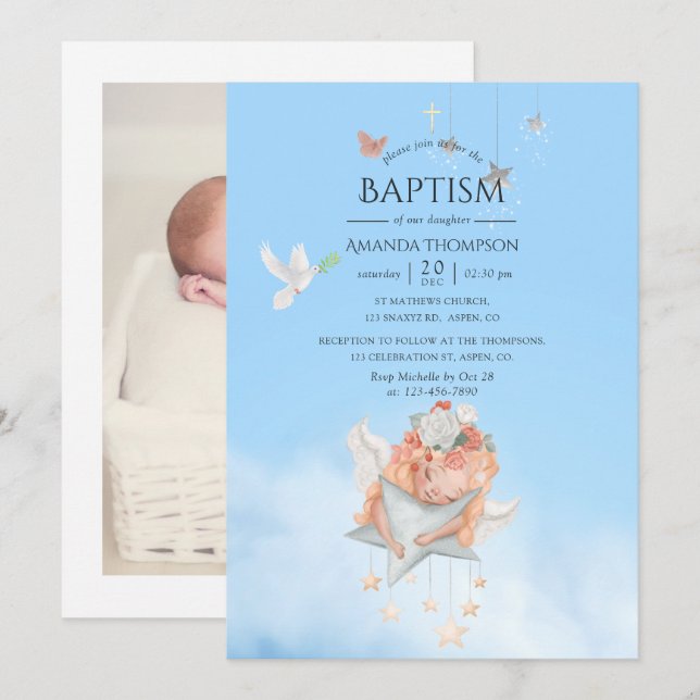 Invitation de photo de baptême d'ange de fille à l (Devant / Derrière)