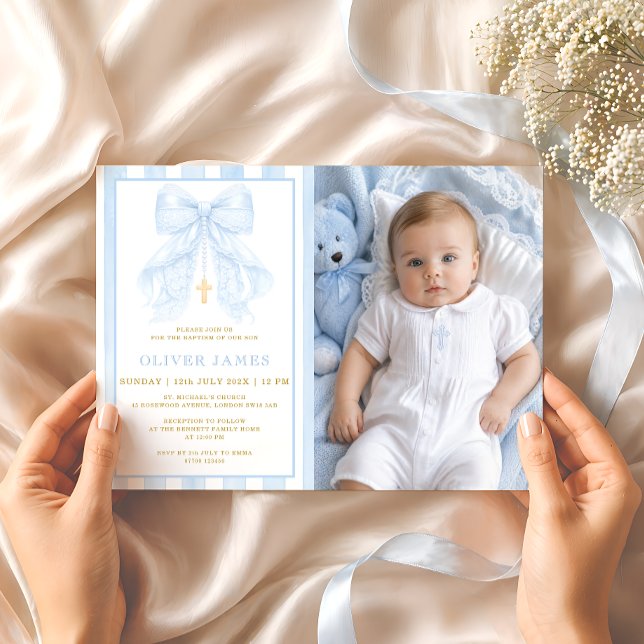 Invitation de photo de baptême de bébé garçon à ru (Créateur téléchargé)