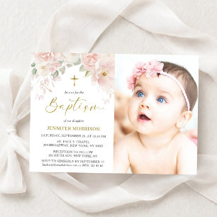 Invitation de photo de baptême de fille aux fleurs