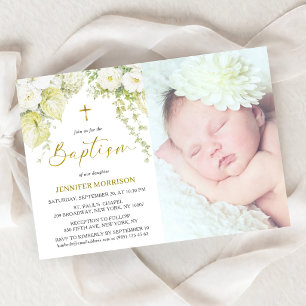 Invitation de photo de baptême floral élégant en o