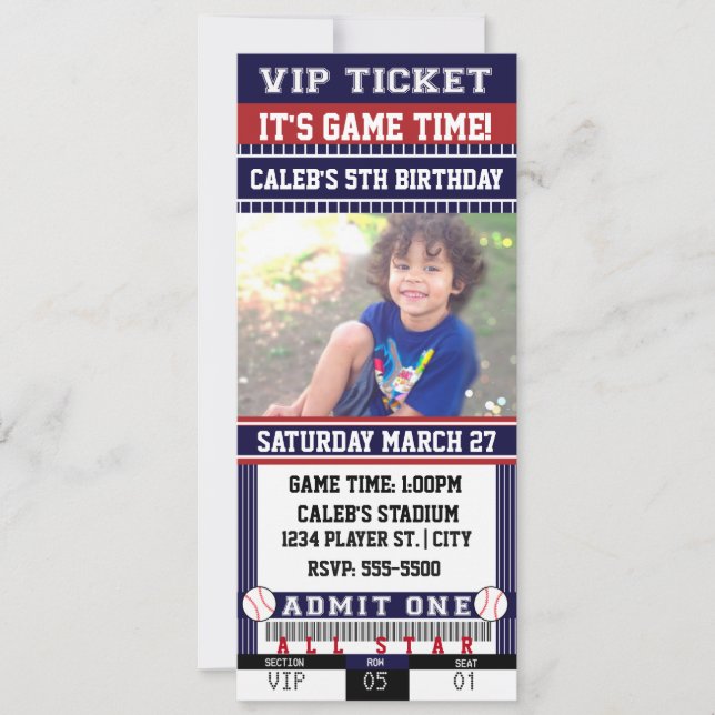 Invitation de photo de billet de BASEBALL bleu et  (Devant)