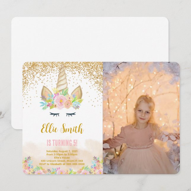 Invitation de photo de licorne mignonne (Devant / Derrière)