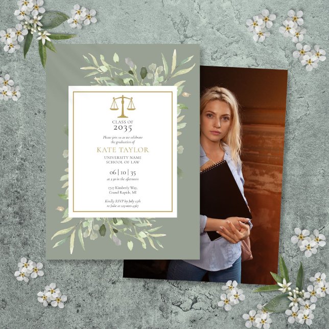 Invitation de photo de remise de diplôme de l'écol (Sage Greenery Law School Graduation Photo Invitati Invitation)