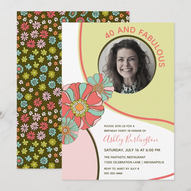 Invitation de photo florale rétro fabuleuse 40 ans (Devant / Derrière)