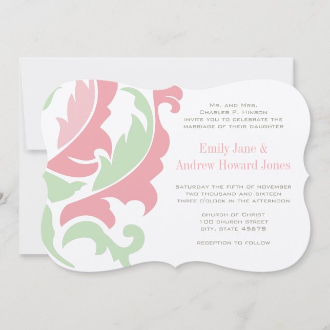 Invitation de pinte rose et gris Mariage damassé (Devant)