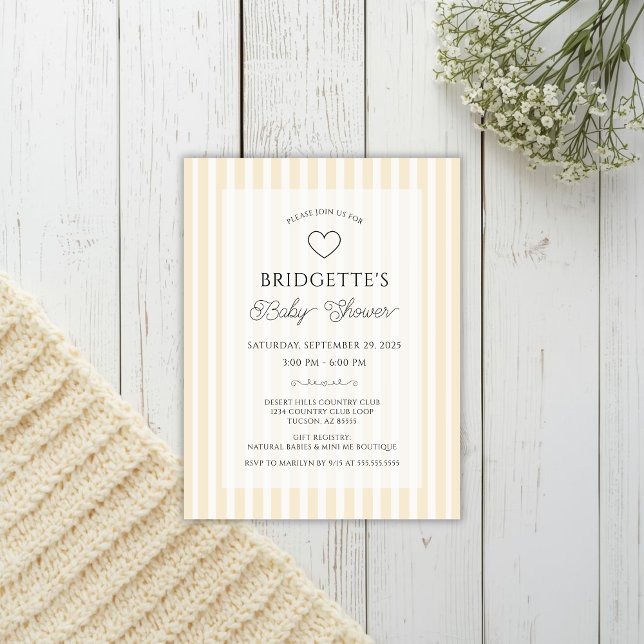 Invitation de poche pour baby shower avec rayures  (Elegant butter yellow baby shower pocket invitation postcard size for preppy event with simple heart)