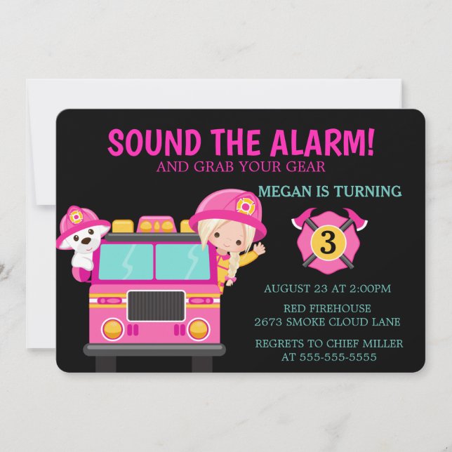 Invitation de pompier Pink Fire Truck Kids (Devant)