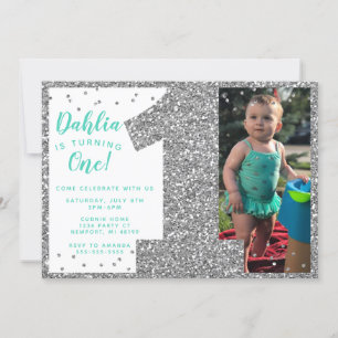 Invitation de premier anniversaire argentée, faux 
