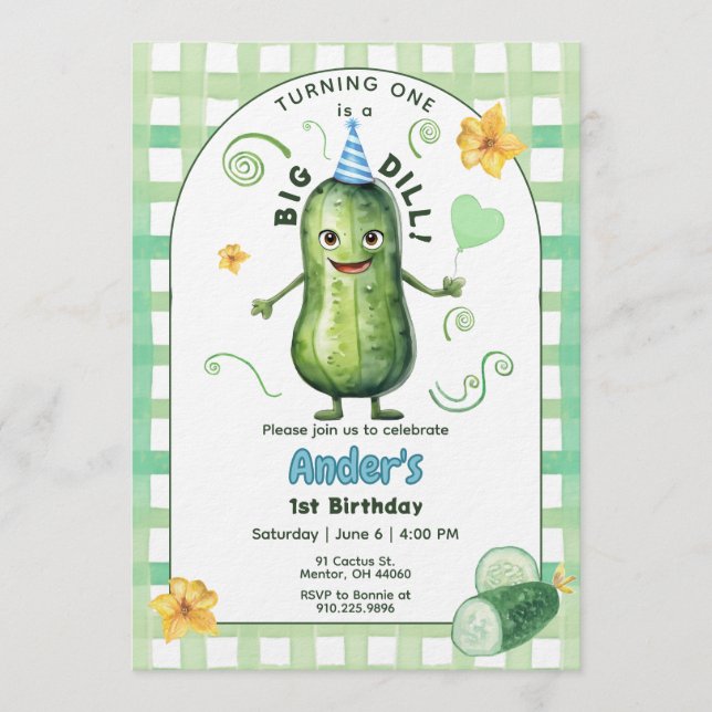 Invitation de premier anniversaire bleu avec un gr (Devant)