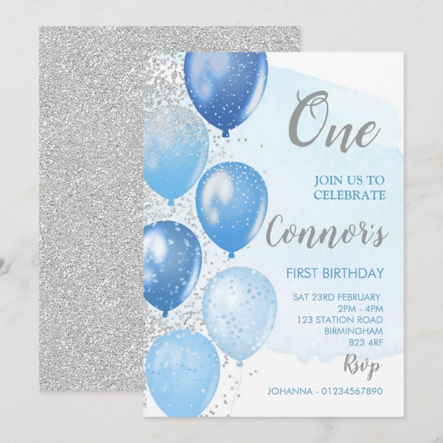 Invitation de premier anniversaire bleu et argent (Devant / Derrière)