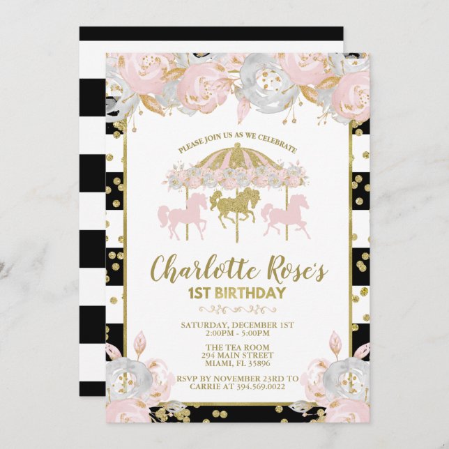 Invitation de premier anniversaire Carousel rose e (Devant / Derrière)