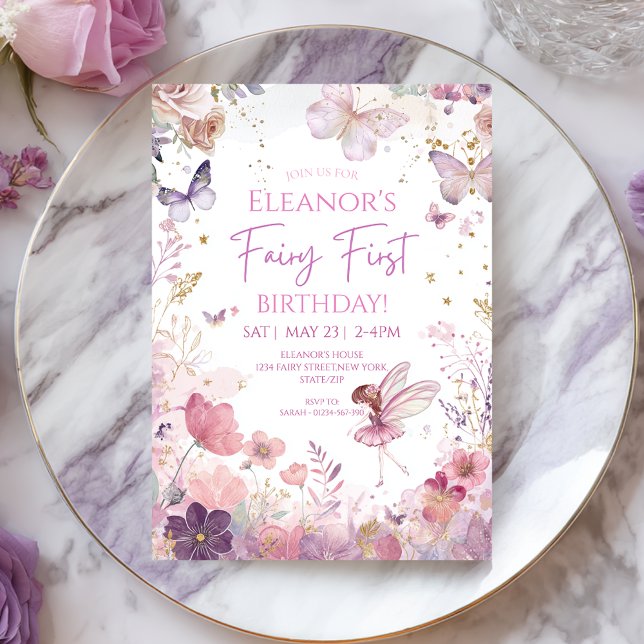 Invitation de premier anniversaire de fée florale  (Créateur téléchargé)
