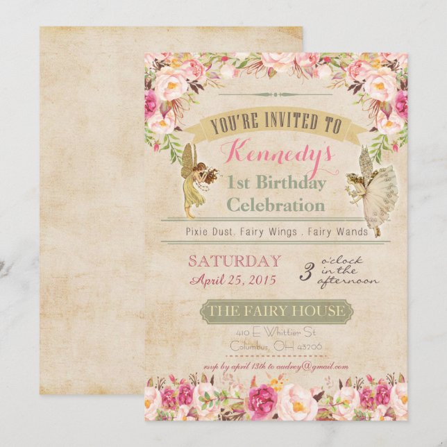 Invitation de premier anniversaire de fée vintage (Devant / Derrière)
