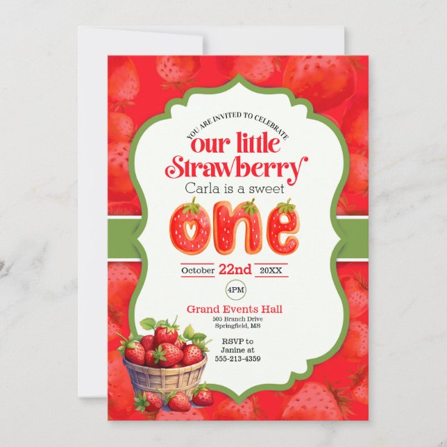 Invitation de premier anniversaire de fraise (Devant)