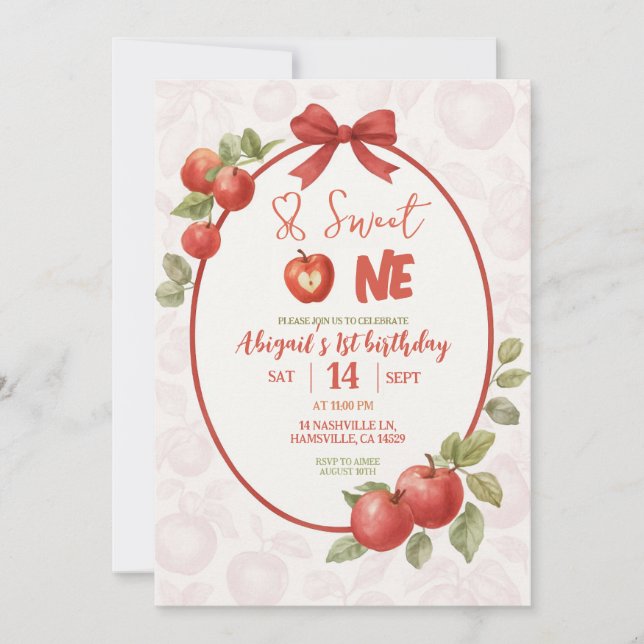 Invitation de premier anniversaire de la pomme rou (Devant)