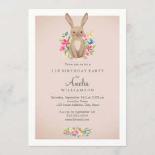 Invitation de premier anniversaire de lapin floral