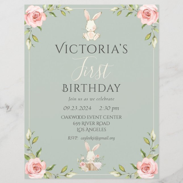 Invitation de premier anniversaire de lapin mignon (Devant)