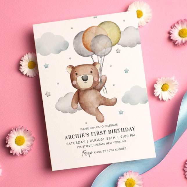 Invitation de premier anniversaire de l'ours Ballo (Baby Bear Teddy 1st Birthday Invitation Simple Cute and Modern Template )