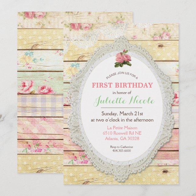 Invitation de premier anniversaire en bois floral  (Devant / Derrière)