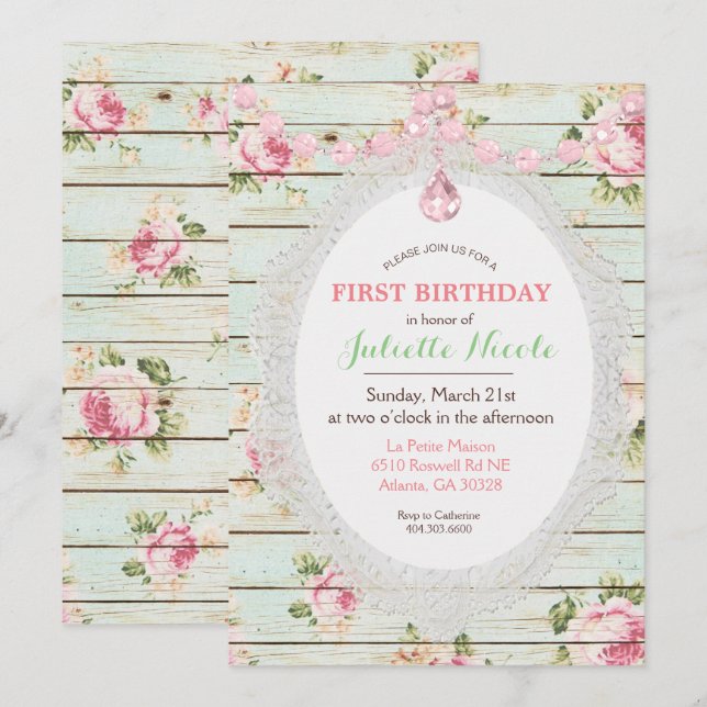 Invitation de premier anniversaire en bois floral  (Devant / Derrière)