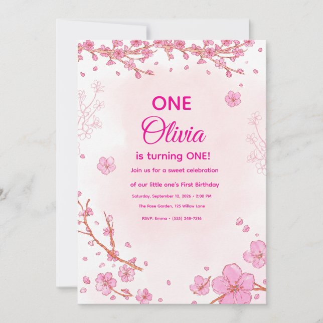 Invitation de premier anniversaire Fleur de cerisi (Devant)