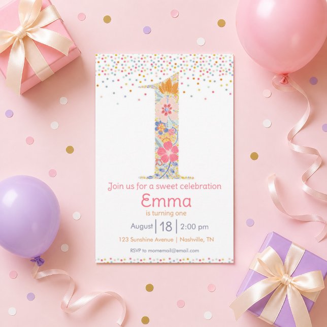 Invitation de premier anniversaire floral fantaisi (Créateur téléchargé)