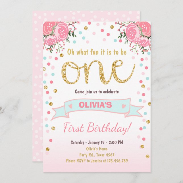 Invitation de premier anniversaire floral Fille Ro (Devant / Derrière)