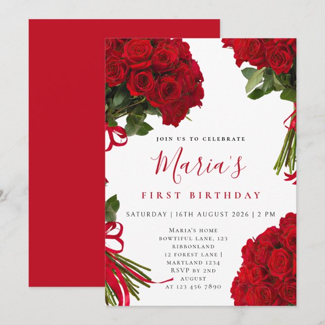 Invitation de premier anniversaire florale élégant (Devant / Derrière)