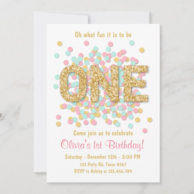 Invitation de premier anniversaire Girl Pink Gold  (Devant)