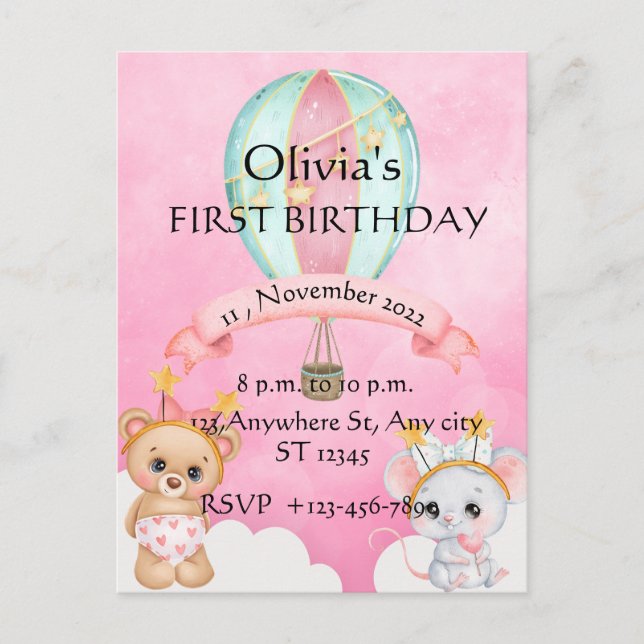 Invitation de premier anniversaire jolie  (Devant)