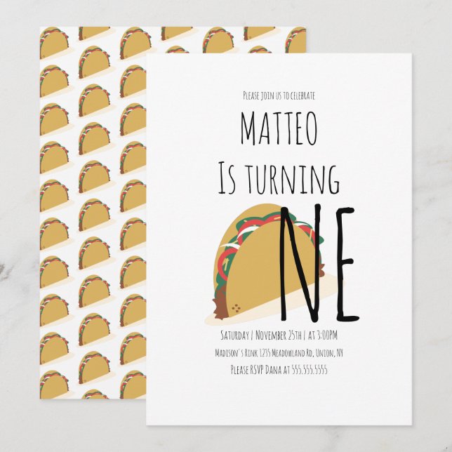 Invitation de premier anniversaire moderne taco (Devant / Derrière)