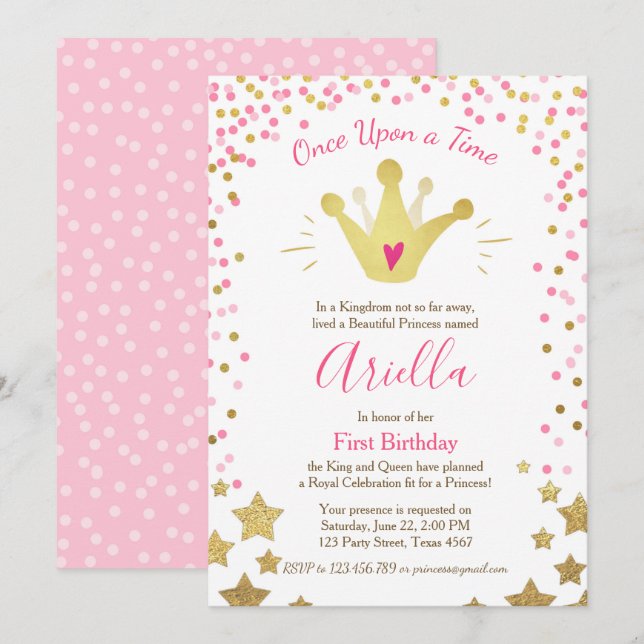 Invitation de premier anniversaire Princesse Gold  (Devant / Derrière)