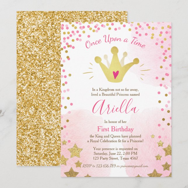 Invitation de premier anniversaire Princesse Gold  (Devant / Derrière)