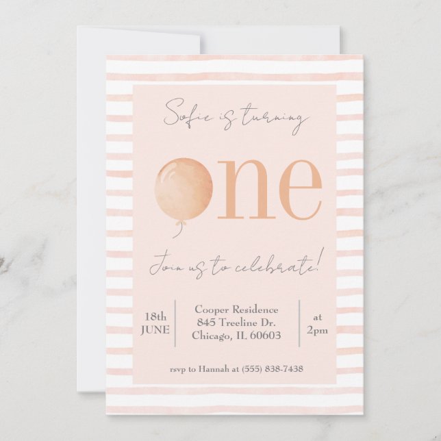 Invitation de premier anniversaire rose (Devant)