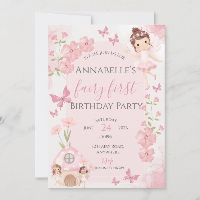 Invitation de premier anniversaire rose fée (Devant)