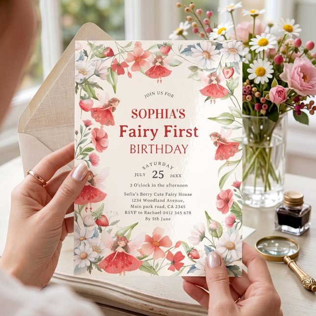 Invitation de premier anniversaire rouge de jardin (Créateur téléchargé)
