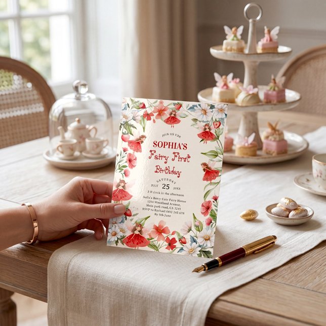 Invitation de premier anniversaire rouge de jardin (Créateur téléchargé)
