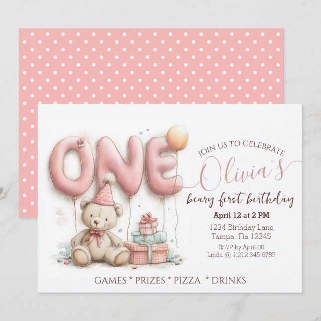 Invitation de premier anniversaire sucré avec ours (Devant / Derrière)