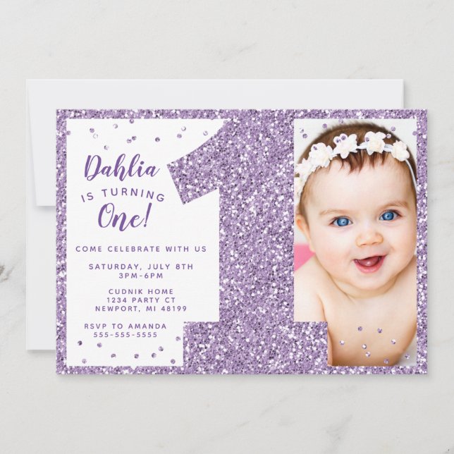 Invitation de premier anniversaire violet, faux br (Devant)
