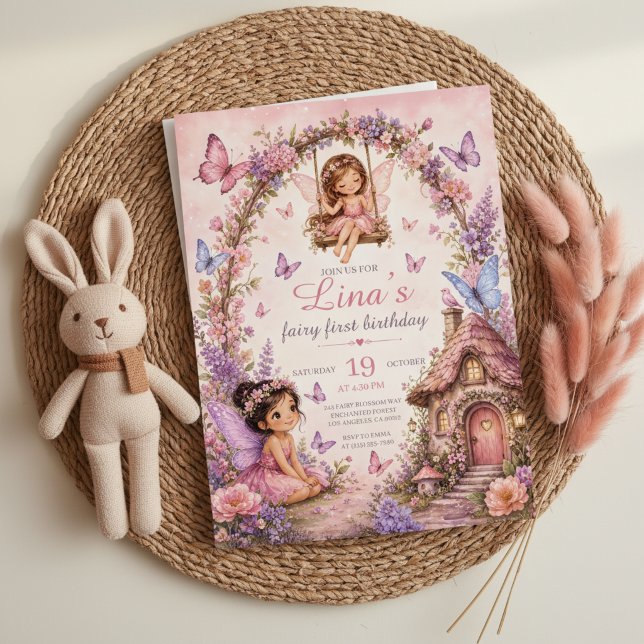Invitation de première année de fée, forêt rose (Fairy First Birthday Pink Forest Invitation)