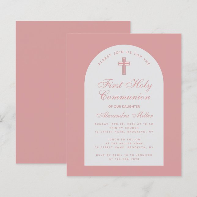 Invitation de première communion avec arche rose p (Devant / Derrière)